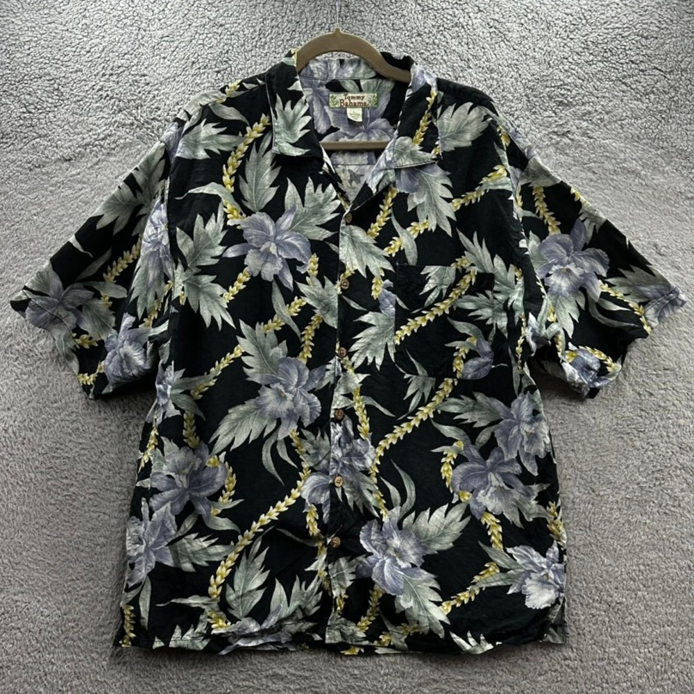 Tommy Bahama Men's Large 100% Silk Black Floral Orchid Lei Camp Shirt Tropical